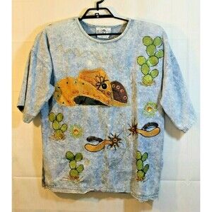 Beverly Hills Connection Top Vtg 80s Western Hat Spurs Cactus Painted Womens M